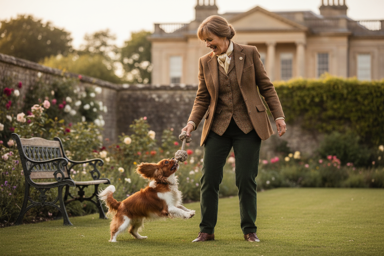 image d'un chien élégant style British qui s'amuse avec son maître aimant habillé élégant style British 
