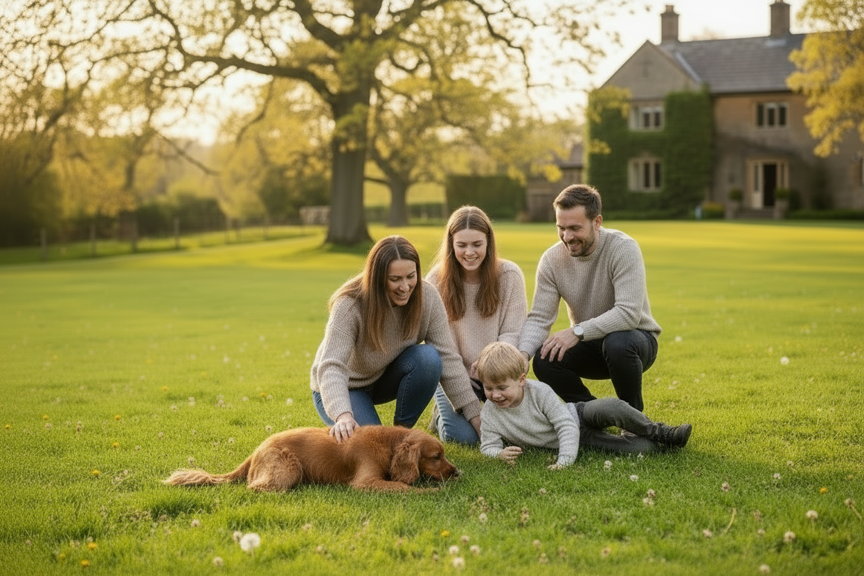 un chien élégant style british et heureux qui s'amuse sur l'herbe avec sa famille adoptive et sa famille est heureuse et aimante 
