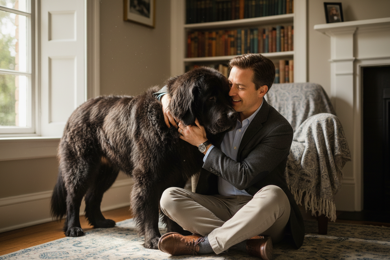 une image avec un chien "terre-neuve" qui reçoit un câlin de son maitre habillé casual élégant décontracté style British